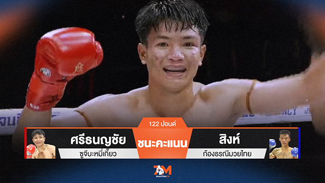 ผลมวยวันนี้ ศรีธนญชัย ซูจีบะหมี่เกี๊ยว ชนะคะแนน สิงห์ ก้องธรณีมวยไทย ไปได้อย่างขาดลอย
