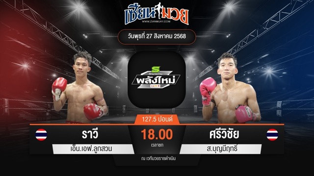 ไฮไลท์มวยศึกมวยไทยพลังใหม่ ระหว่าง ราวี เอ็น.เอฟ.ลูกสวน พบ ศรีวิชัย ส.บุญมีฤทธิ์
